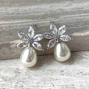NEW ~ Anthropologie, BHLDN, Crystal Flower Pearl Stud Earrings